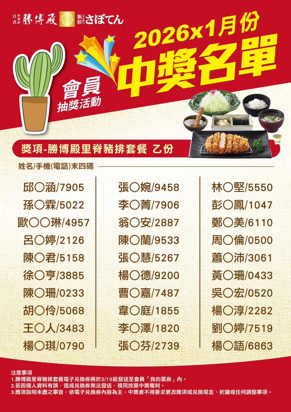 1月份勝博殿會員集點中獎名單