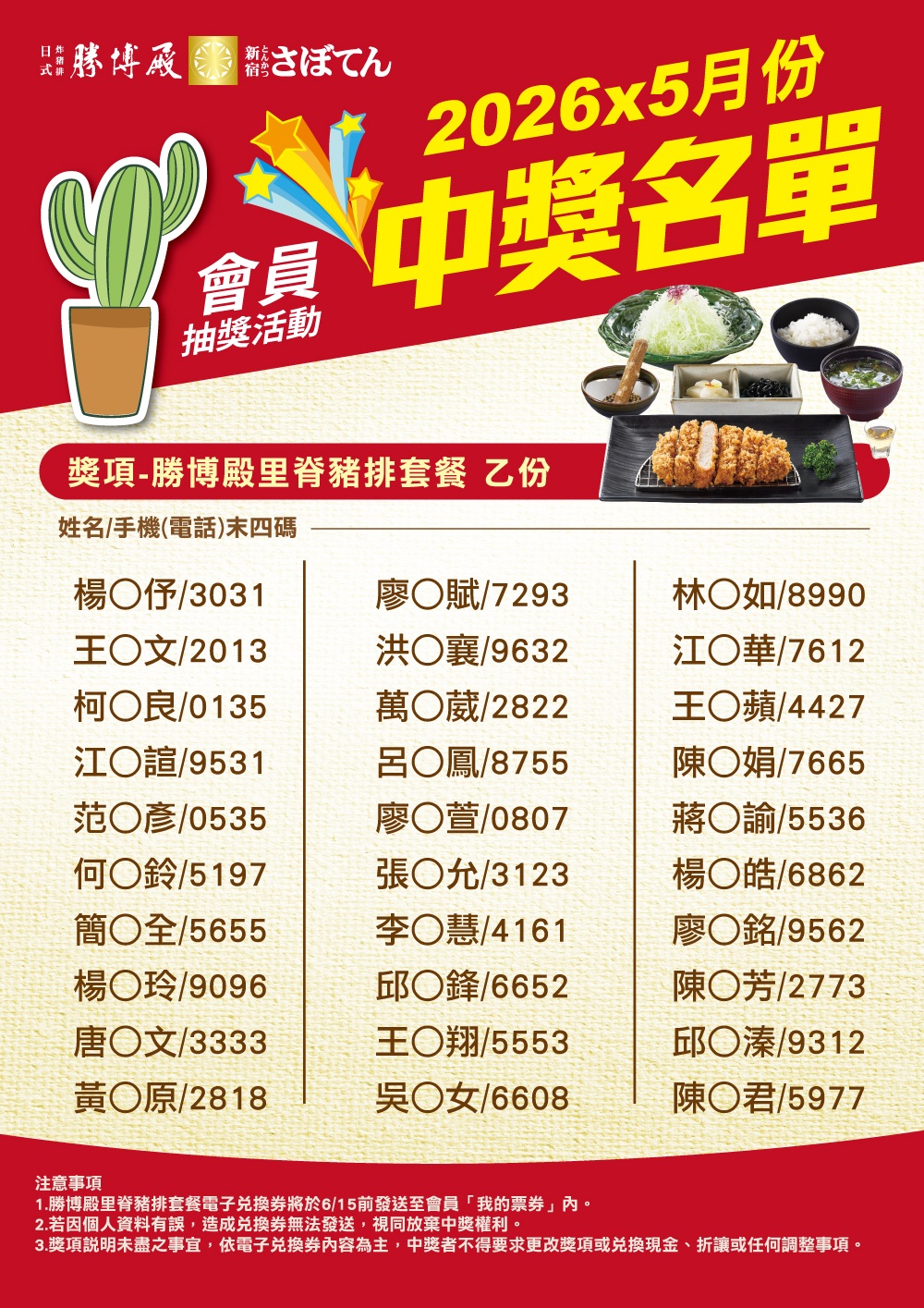 5月份勝博殿會員集點中獎名單